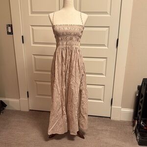 pistola Beige and White Striped Smocked Maxi Dress